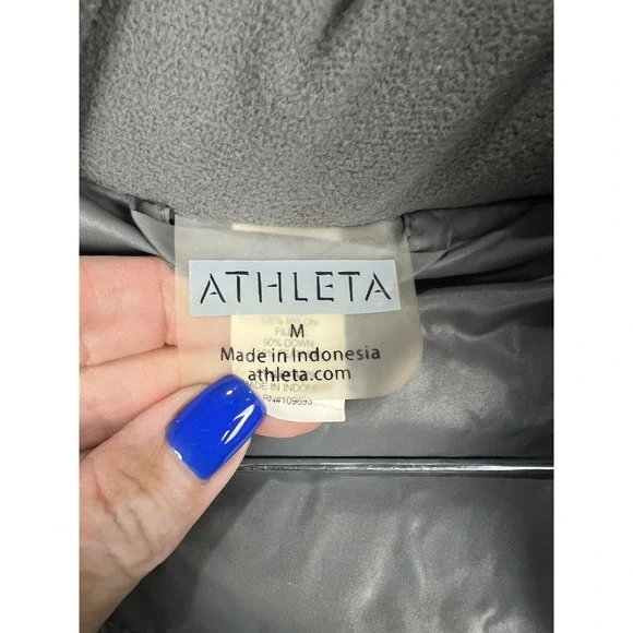 Athleta Down Puffer Jacket Womens Medium Gray Removable Hood Print Ski Outdoor - Picture 5 of 9